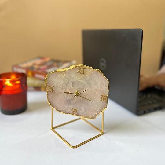 Rose Quartz Desktop Clock with Metal Stand Unique Style