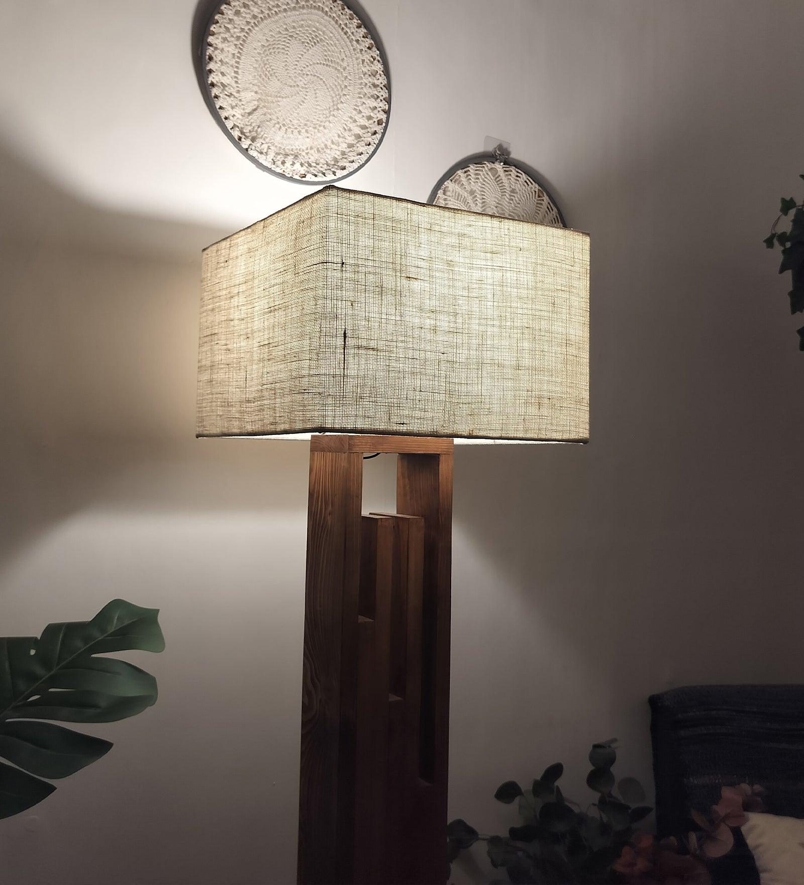 Victoria Wooden Floor Lamp with Brown Base and Jute Fabric Lampshade