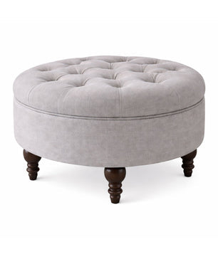 Classic Round Floral Ottoman – Soft Tufted Seat with Sagwan Wooden Base