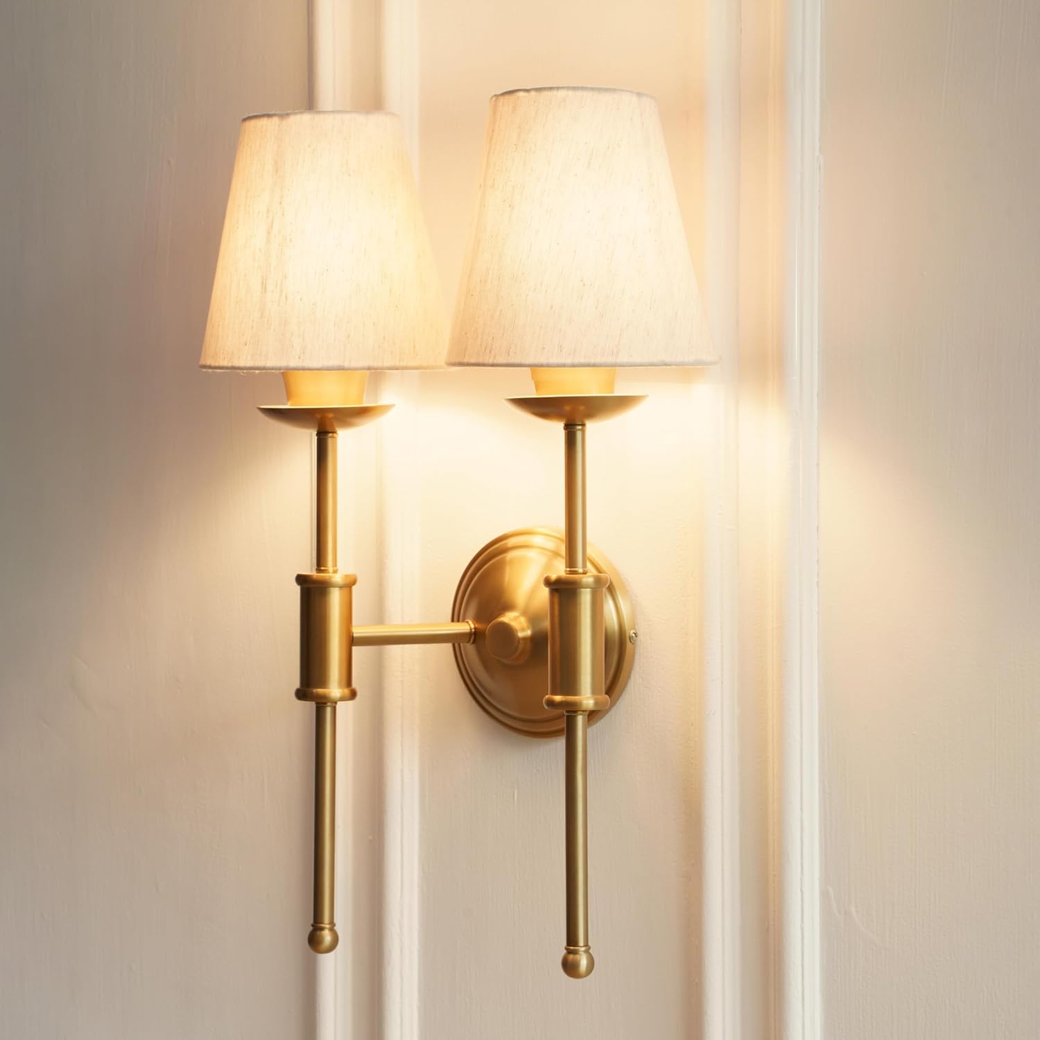Double Spacer Wall Light Antique Brass Finish with Off White Shade for Living Room, Bedroom and Home Decoration