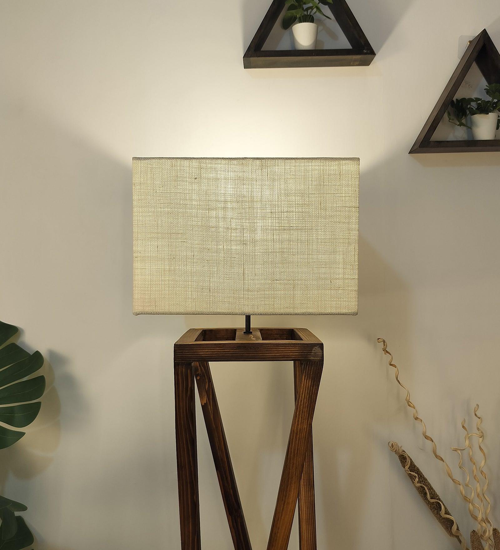 Remy Wooden Floor Lamp with Brown Base and Beige Fabric Lampshade