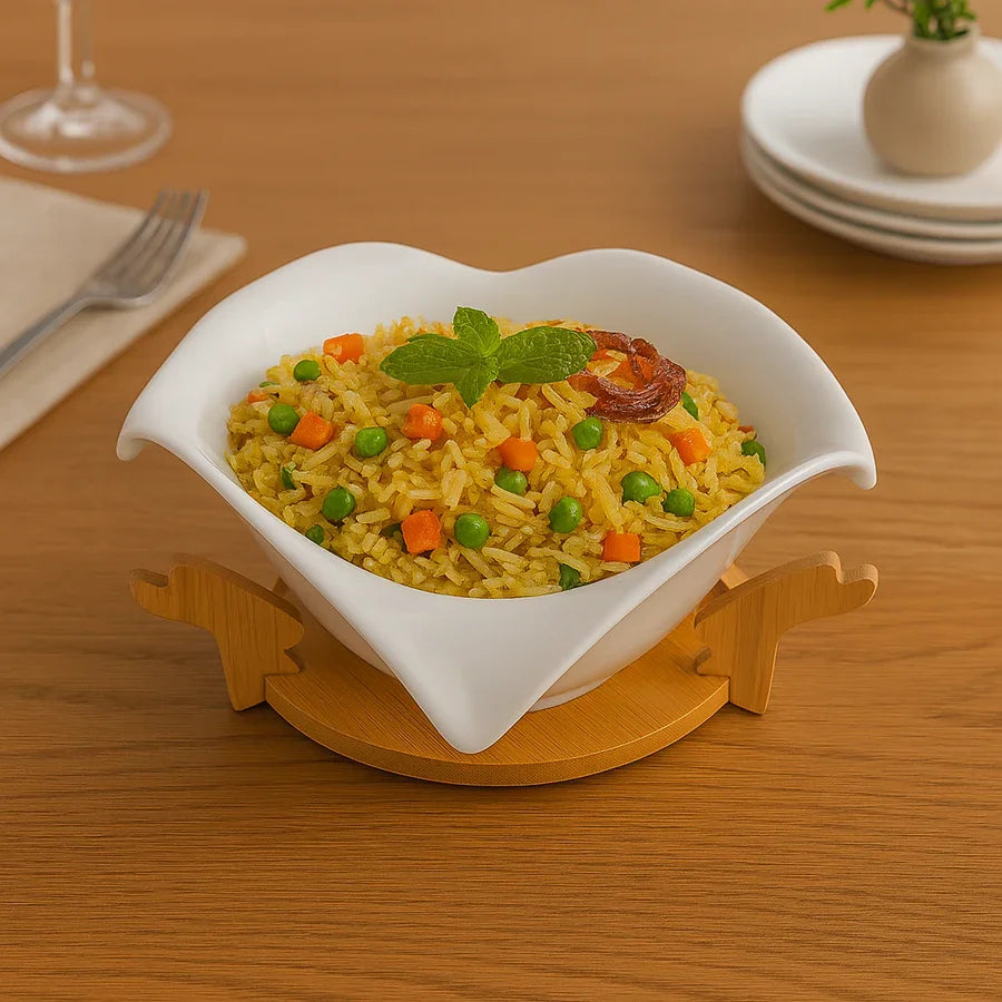 Elegant White Ceramic Leaf-Shaped Bowl with Wooden Stand – Decorative & Functional Serving Bowl