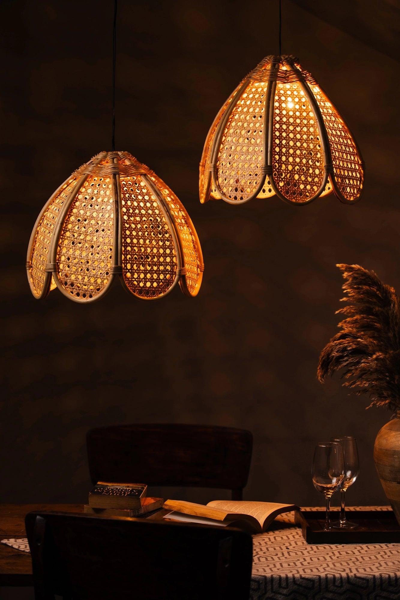 Handcrafted Rattan Flower-Shaped Ceiling Lampshade | Bohemian Style Pendant Light for Bedroom, Dining & Entryway