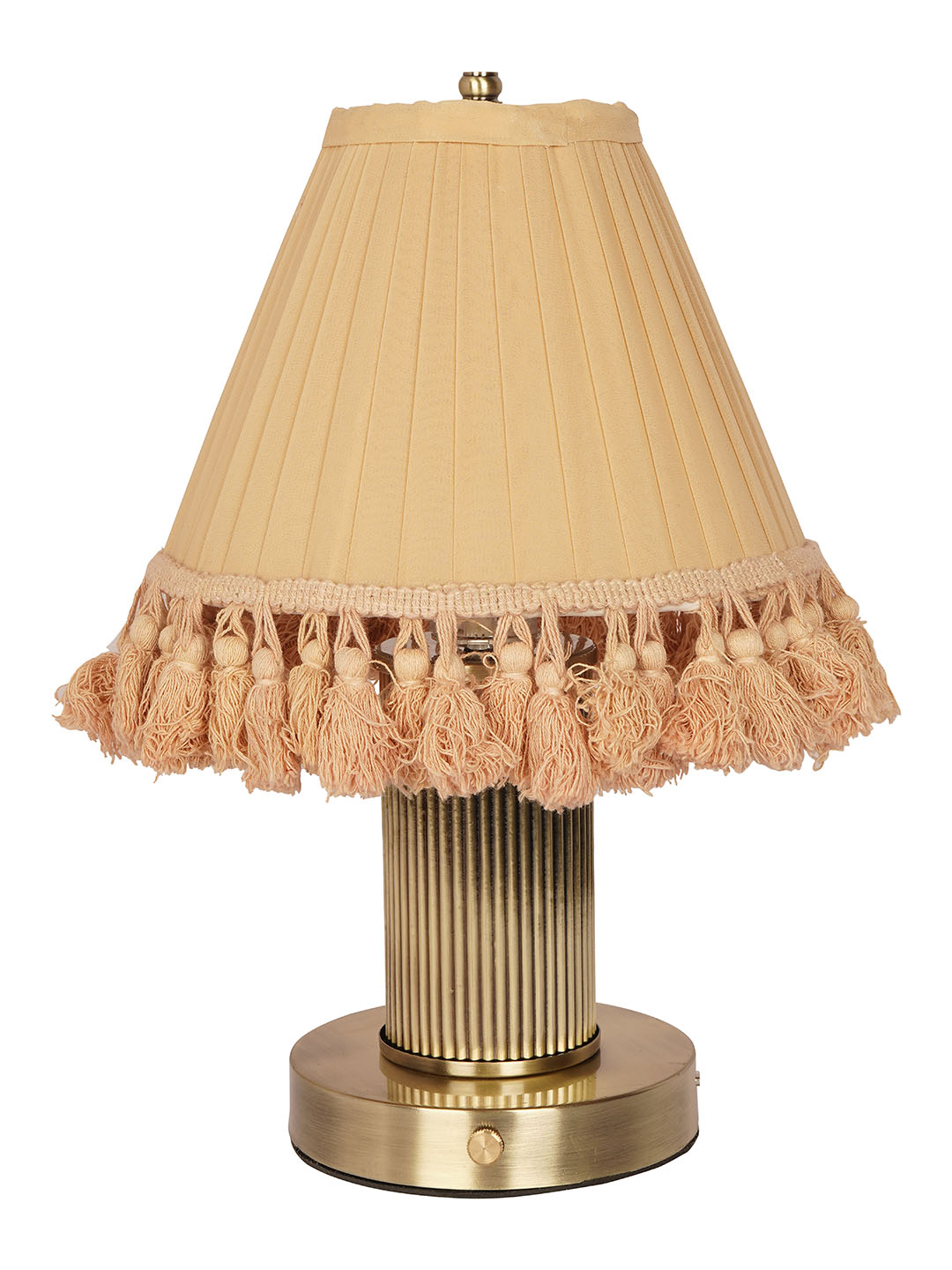 Cordless Dimmable Touch Table Lamp with Pleated Camel Fabric Shade | Antique Brass Finish