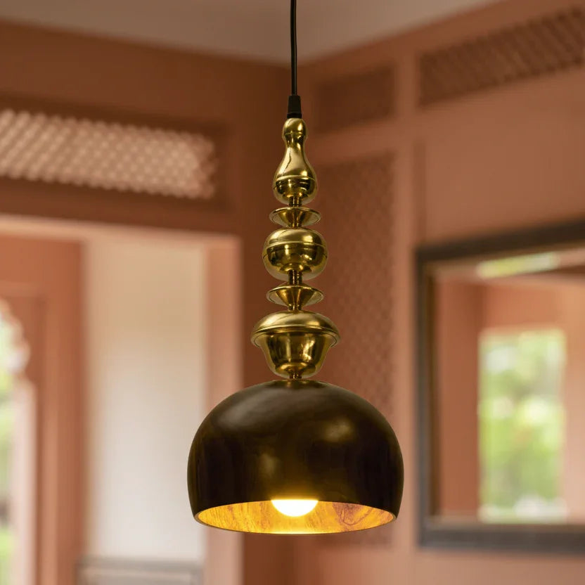 Kalash Pendant Light | Handcrafted Brass & Wood Hanging Lamp with Warm LED (Jaipur Inspired)