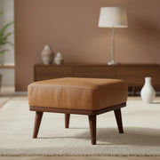 Buffalo Leather Footstool | Tan Upholstered Ottoman Stool with Mango Wood Legs
