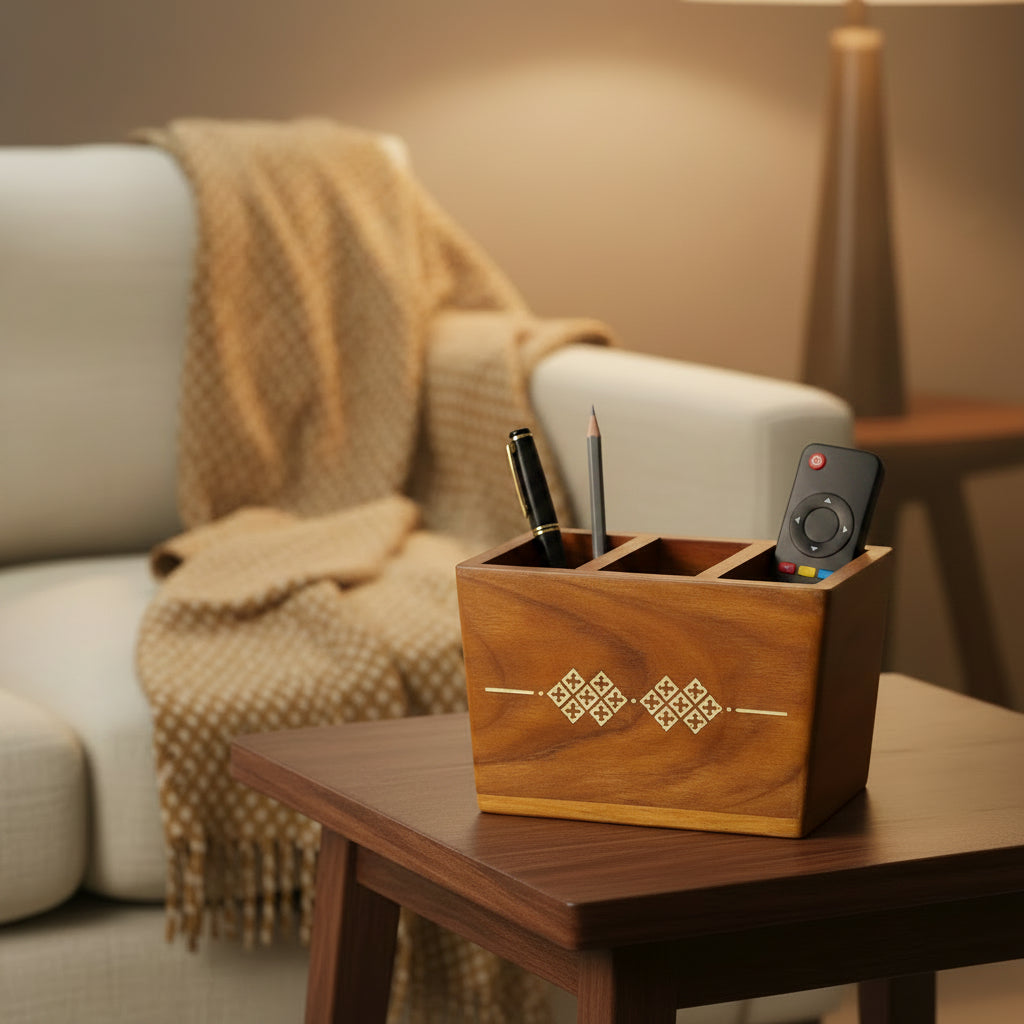 Teak Wood Remote Holder | 3 Section Wooden Organizer | Wooden Pen Stand