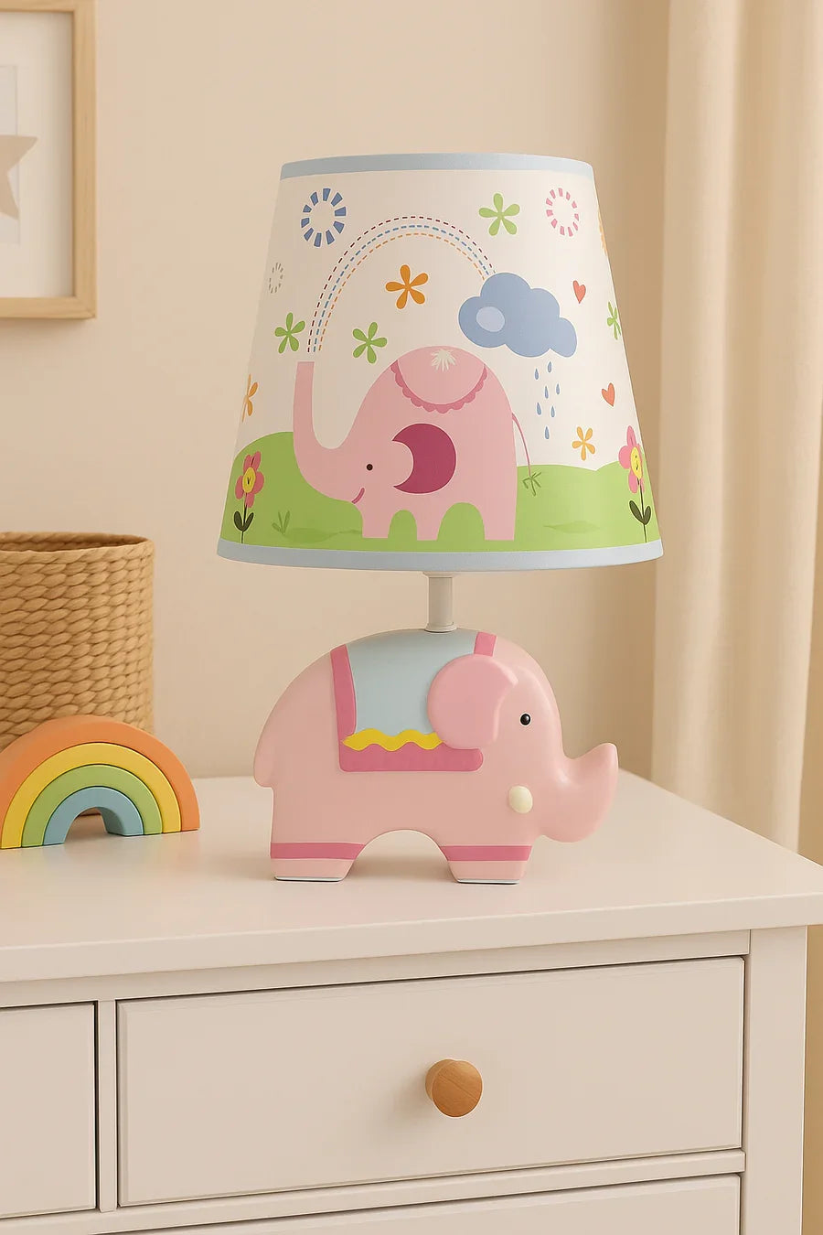 Adorable Elephant Kids Table Lamp – Ceramic Base with Printed Fabric Shade, 32 cm × 22 cm