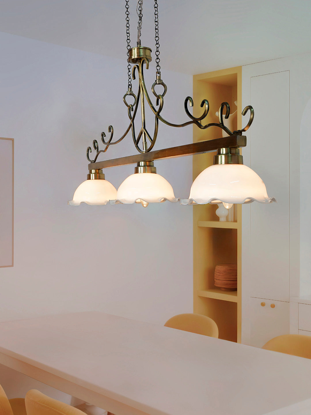 40-Inch Linear Transitional Pendant Light
  | White Frilled Glass Island Fixture