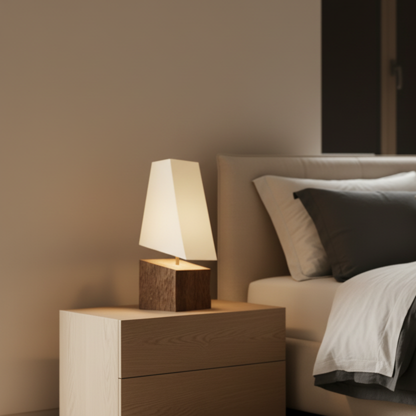 Chiselle Wooden Table Lamp | Designer Bedside Lamp with Fabric Shade for Living Room & Bedroom