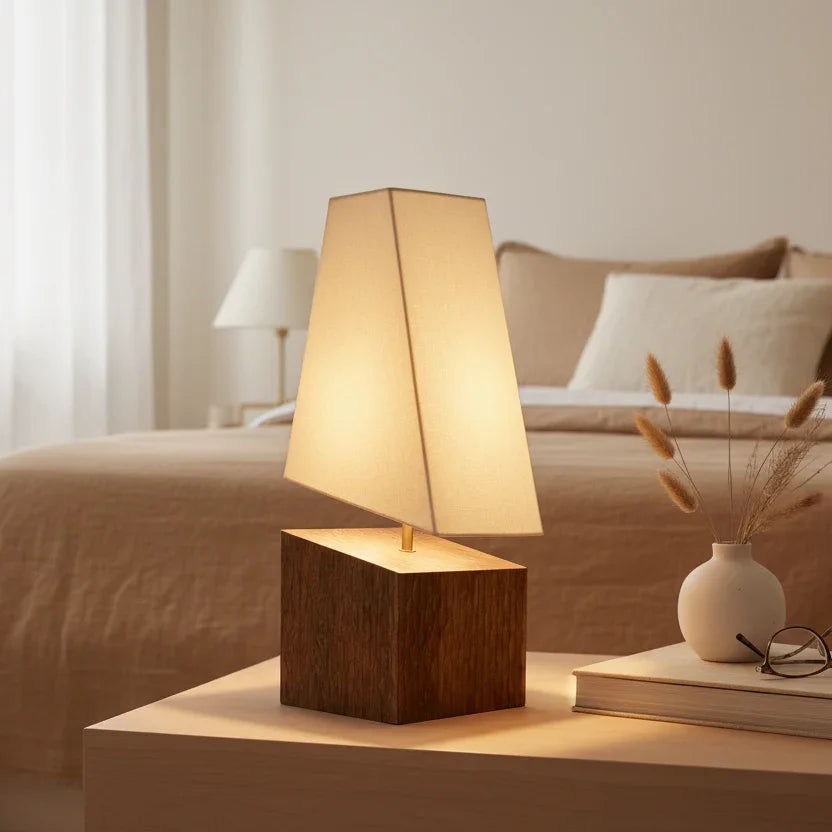 Chiselle Wooden Table Lamp | Designer Bedside Lamp with Fabric Shade for Living Room & Bedroom