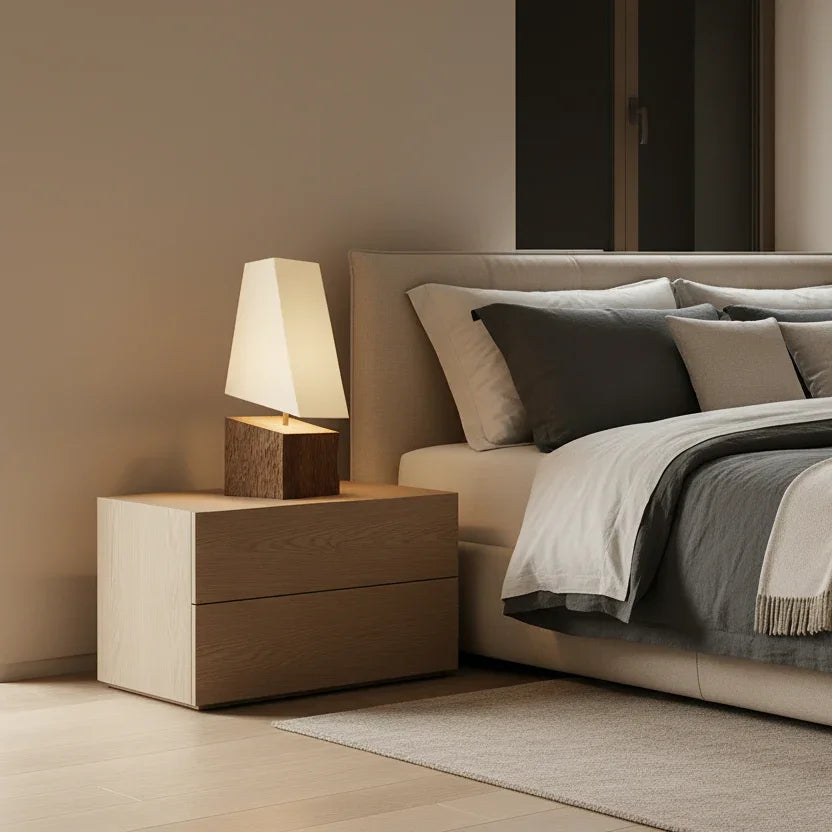 Chiselle Wooden Table Lamp | Designer Bedside Lamp with Fabric Shade for Living Room & Bedroom