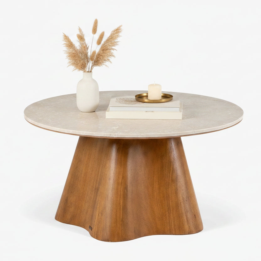 Nira Marble & Acacia Wood Coffee Table | Modern Designer Center Table for Living Room
