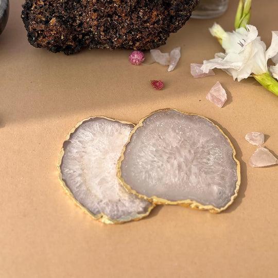 Crystal Agate Coaster with Gold Plating | Drink Coaster for Dining Table