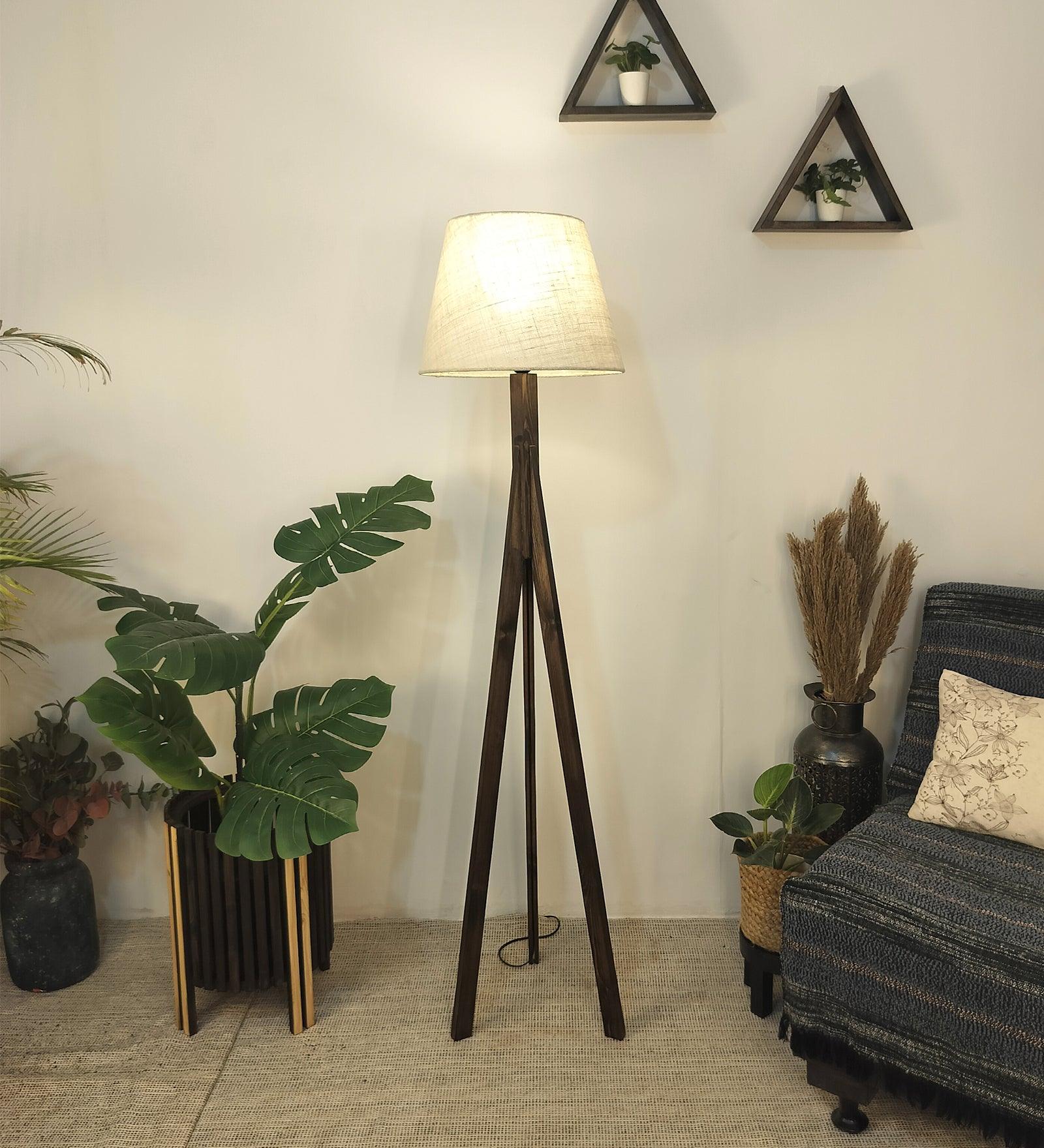 Triune Wooden Floor Lamp with Brown Base and Beige Fabric Lampshade