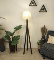 Triune Wooden Floor Lamp with Brown Base and Beige Fabric Lampshade