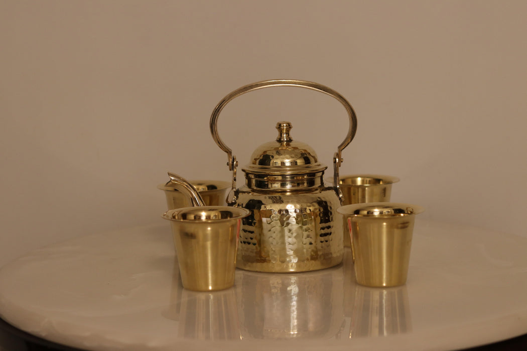 Luxurious Brass Teapot Set With 4 Glasses | Tea Kettle Festival Gifting Box