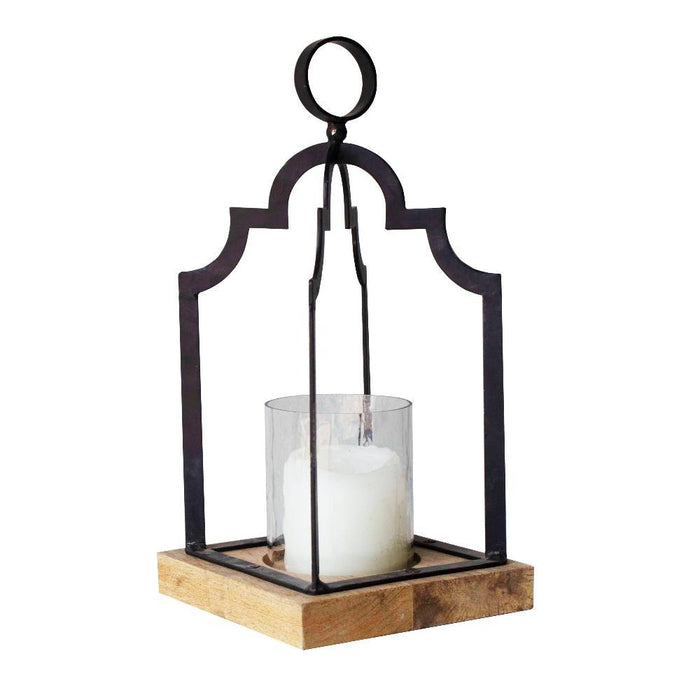 Tall Wood & Black Iron Lantern | Decorative Tealight Candle Holder & Centerpieces for Home