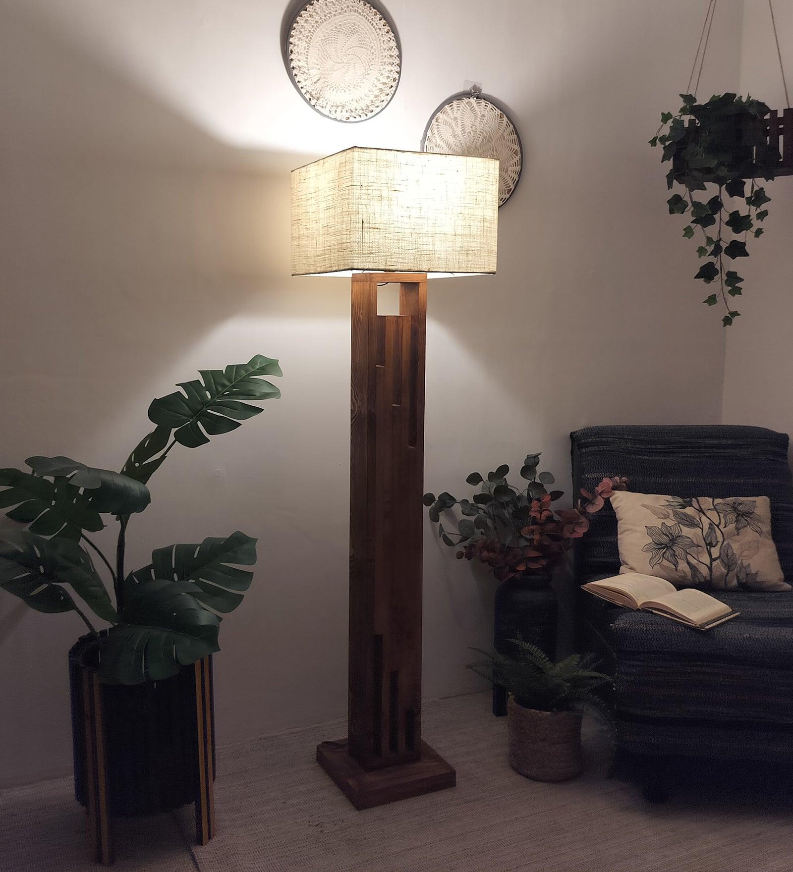 Victoria Wooden Floor Lamp with Brown Base and Jute Fabric Lampshade