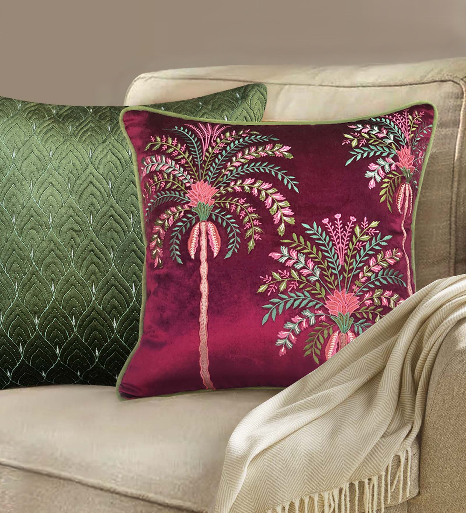 Udaya Palm Embroidery Cushion Cover - 18x18
