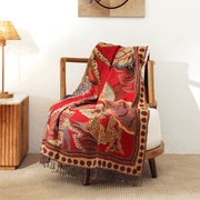 Red Tropical Throw Blanket | Pure Cotton & Woollen Sofa Throw with Jungle Foliage Design for Living Room & Bedroom Decor