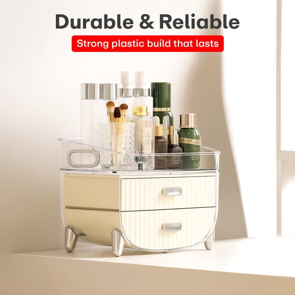 Cosmetic Makeup Organizer Box for Women |Transparent Cosmetic Storage Box for Skincare,Perfumes,Lipstick,Jewelry & Accessories – Countertop Vanity Organizer for Dressing Table | Creamy White