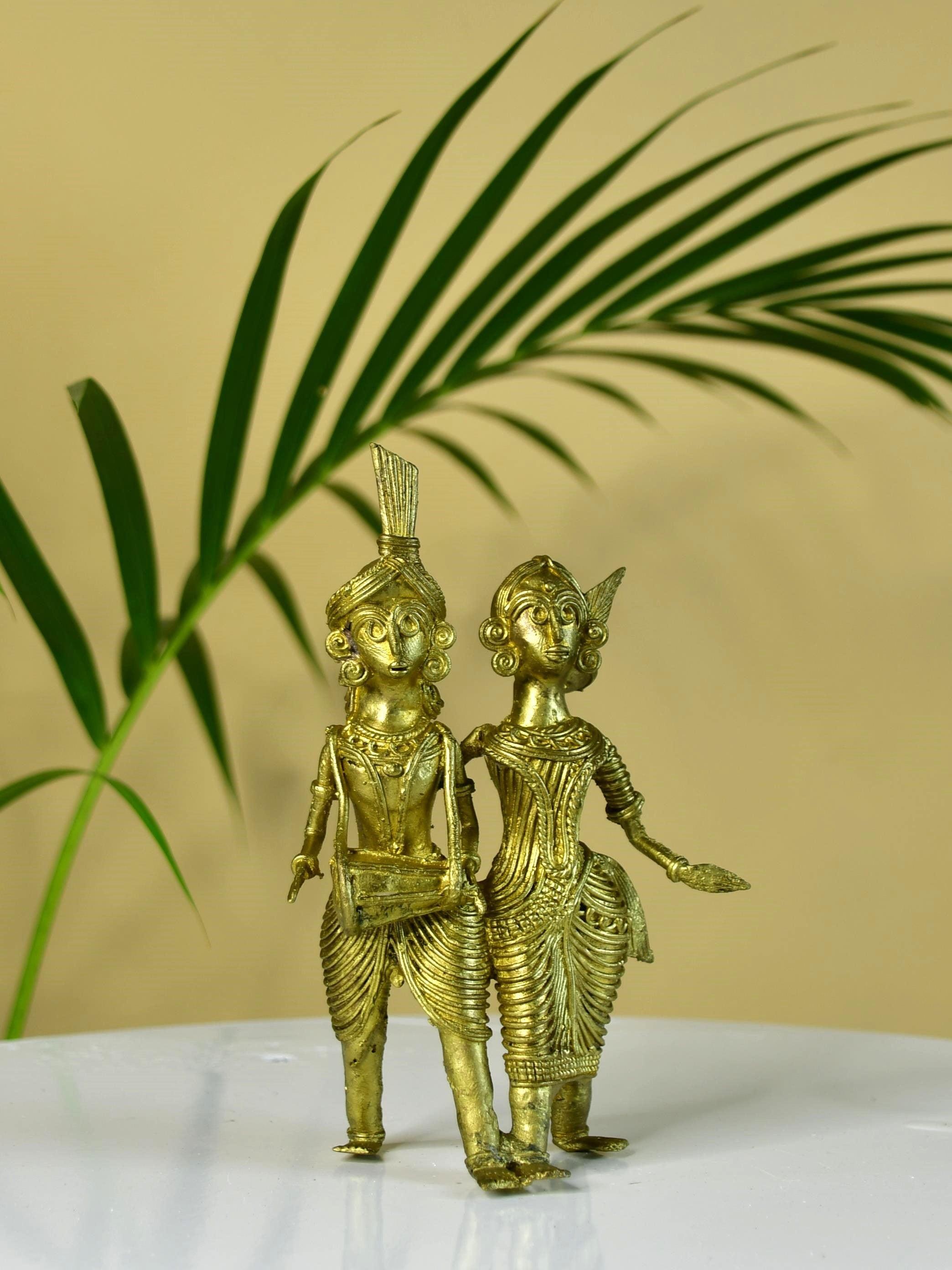 Artisanal Brass Dhokra Sculpture: Tribal Couple With Dhol