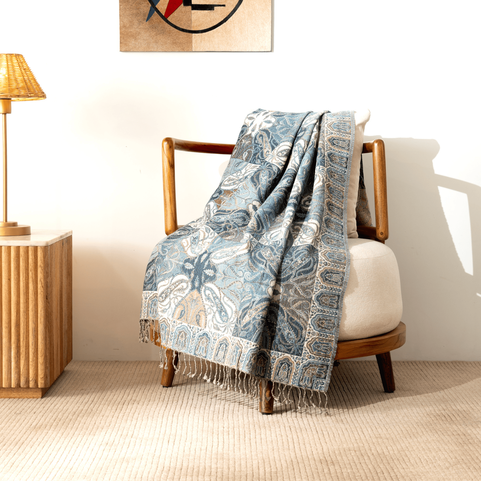 Vintage Azure Throw Blanket | Heritage Design Cotton Wool Sofa Throw for Living Room & Bedroom Decor