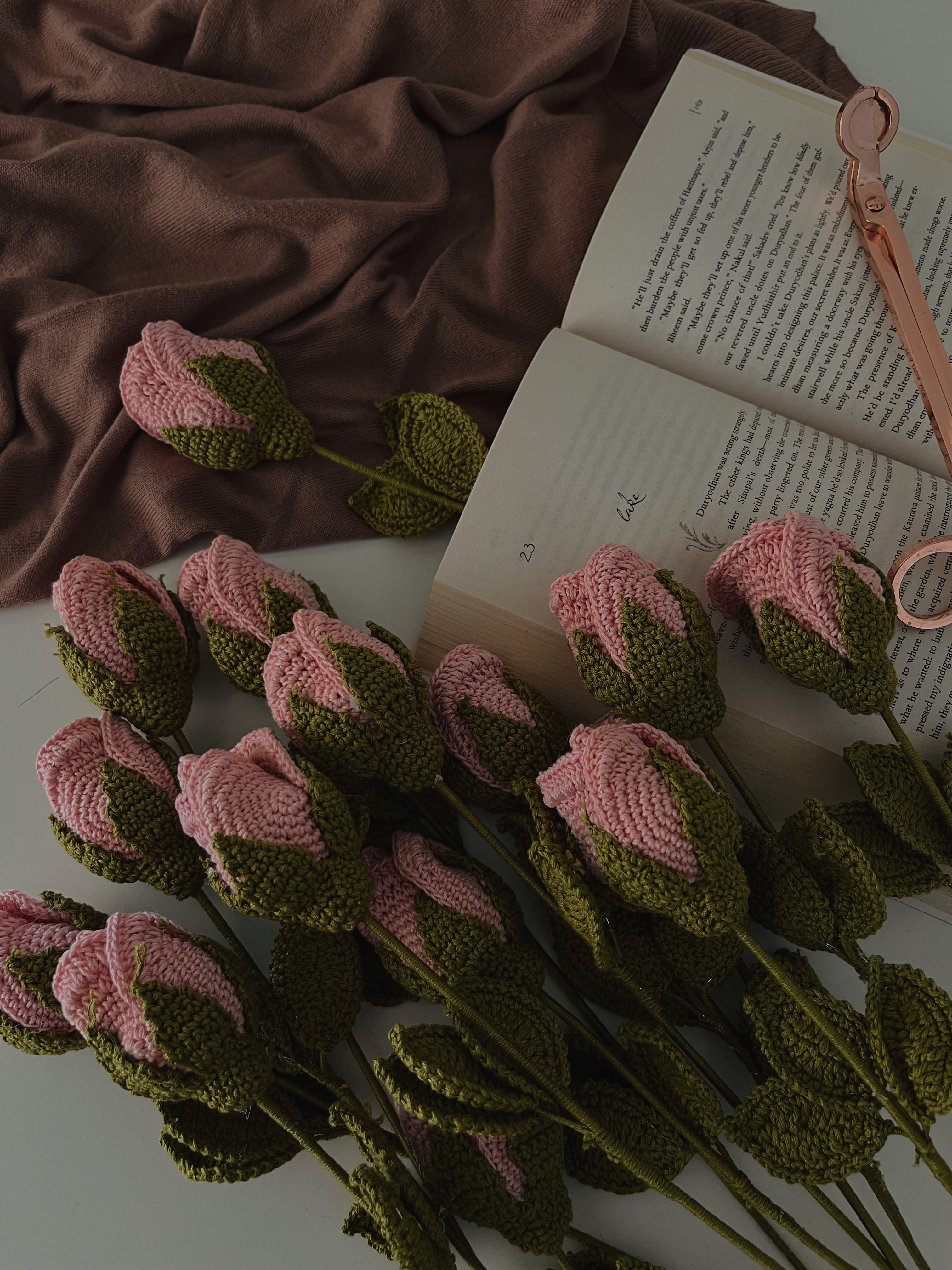 Crochet Flower - Pink Rose With Bud