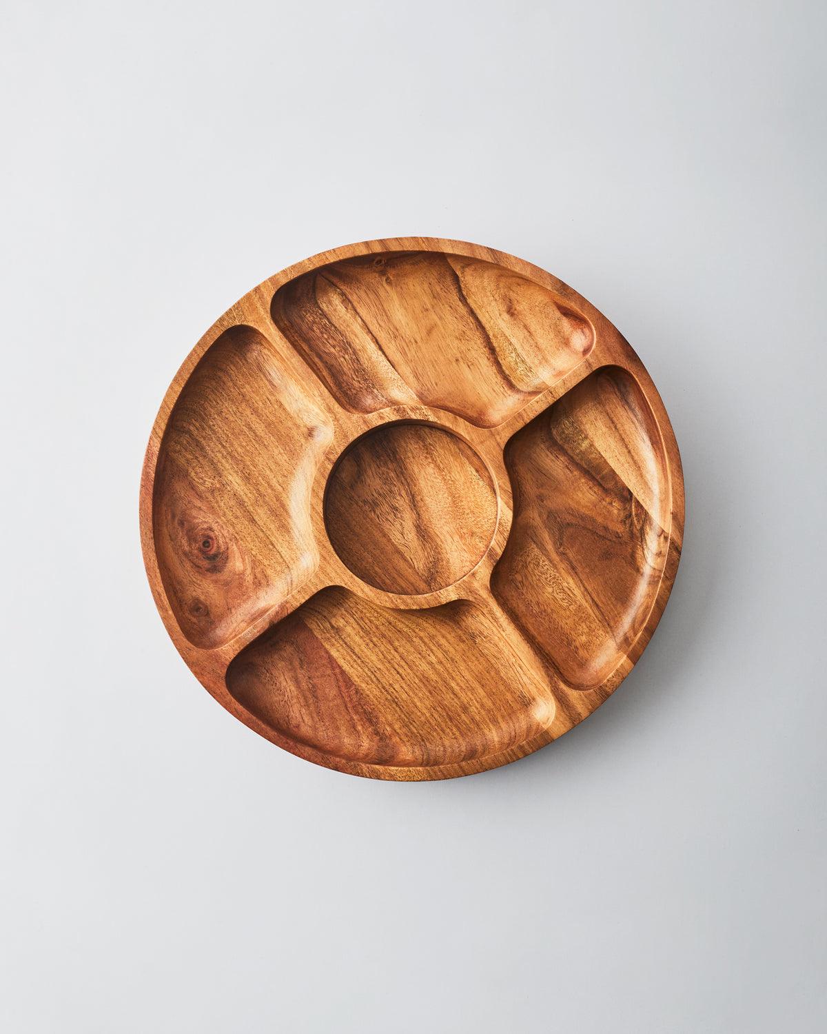 Natural Acacia Wood Snacks Serving Platter | Wooden Chip & Dip Platter with 1 Pc Glass Bowl