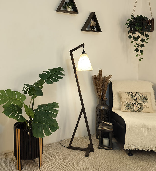 Zed Wooden Floor Lamp with Beige Fabric Lampshade