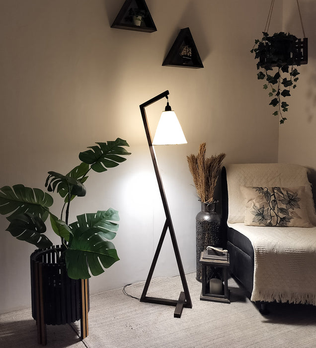 Zed Wooden Floor Lamp with Beige Fabric Lampshade