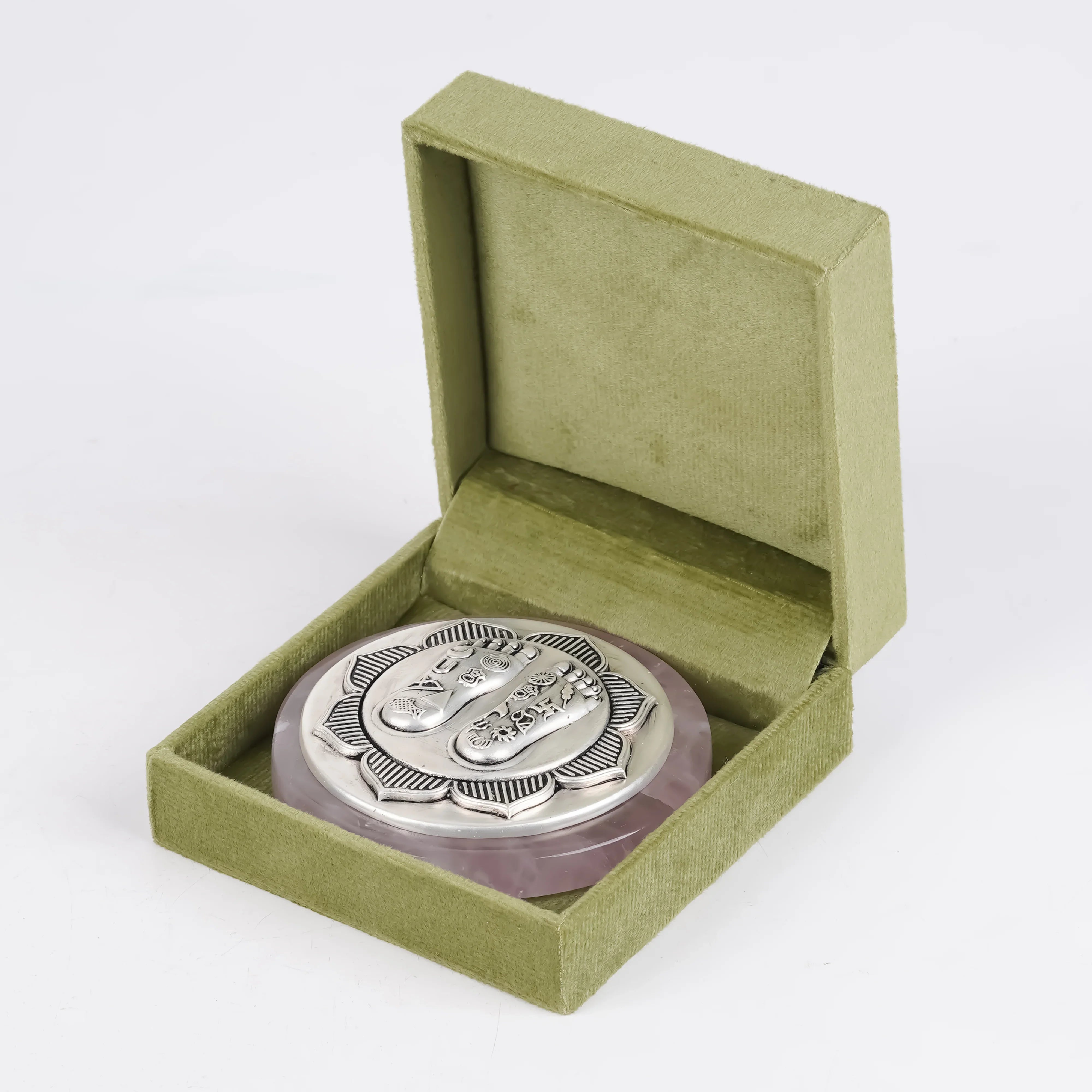 Silver Plated Brass Lakshmi Charan | Sacred Goddess Feet Plaque On Rose Quartz