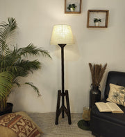 Troika Wooden Floor Lamp with Brown Base and Premium Beige Fabric Lampshade