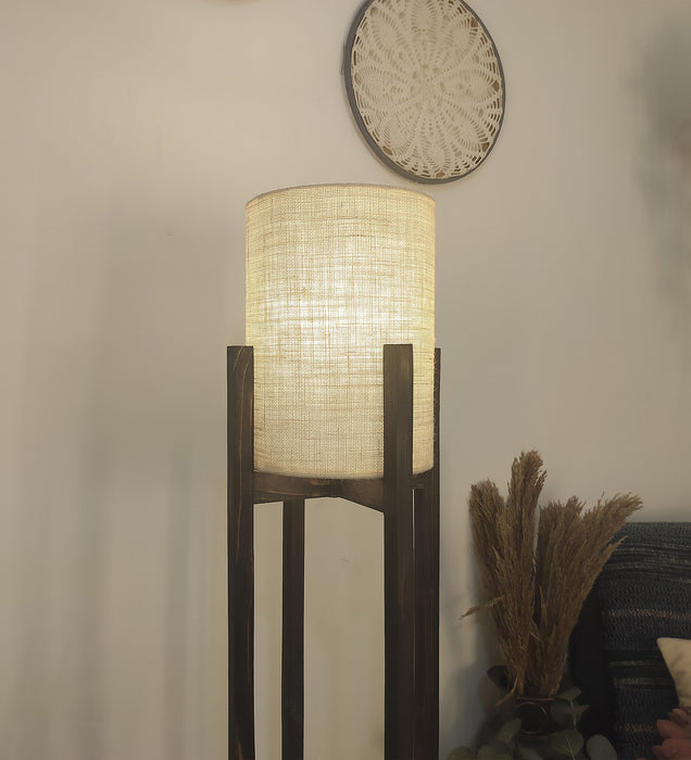 Solitaire Wooden Floor Lamp with White Fabric Lampshade