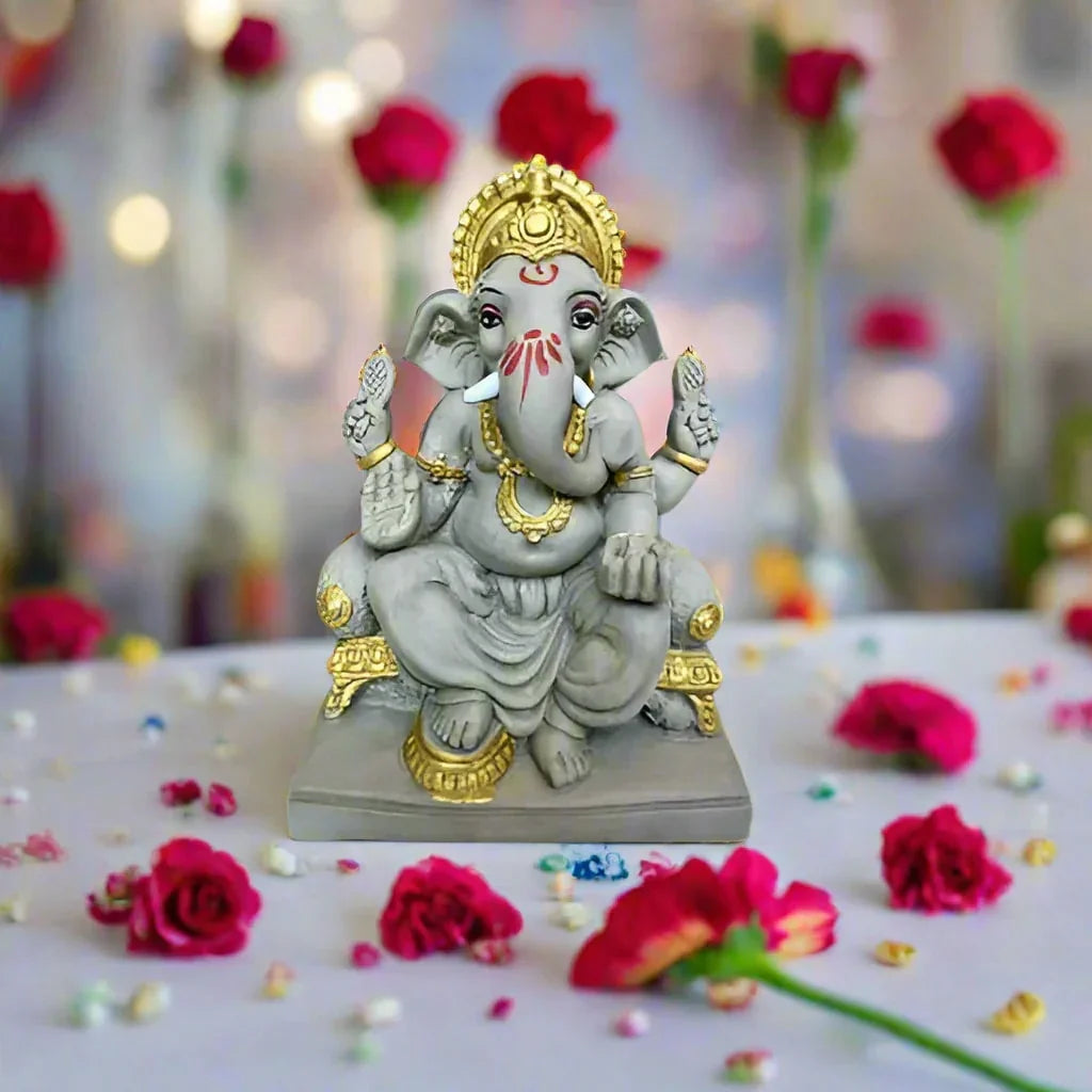 7 Inch Mukut Clay Eco Friendly Golden Touch Dagdusheth Ganesh ji
