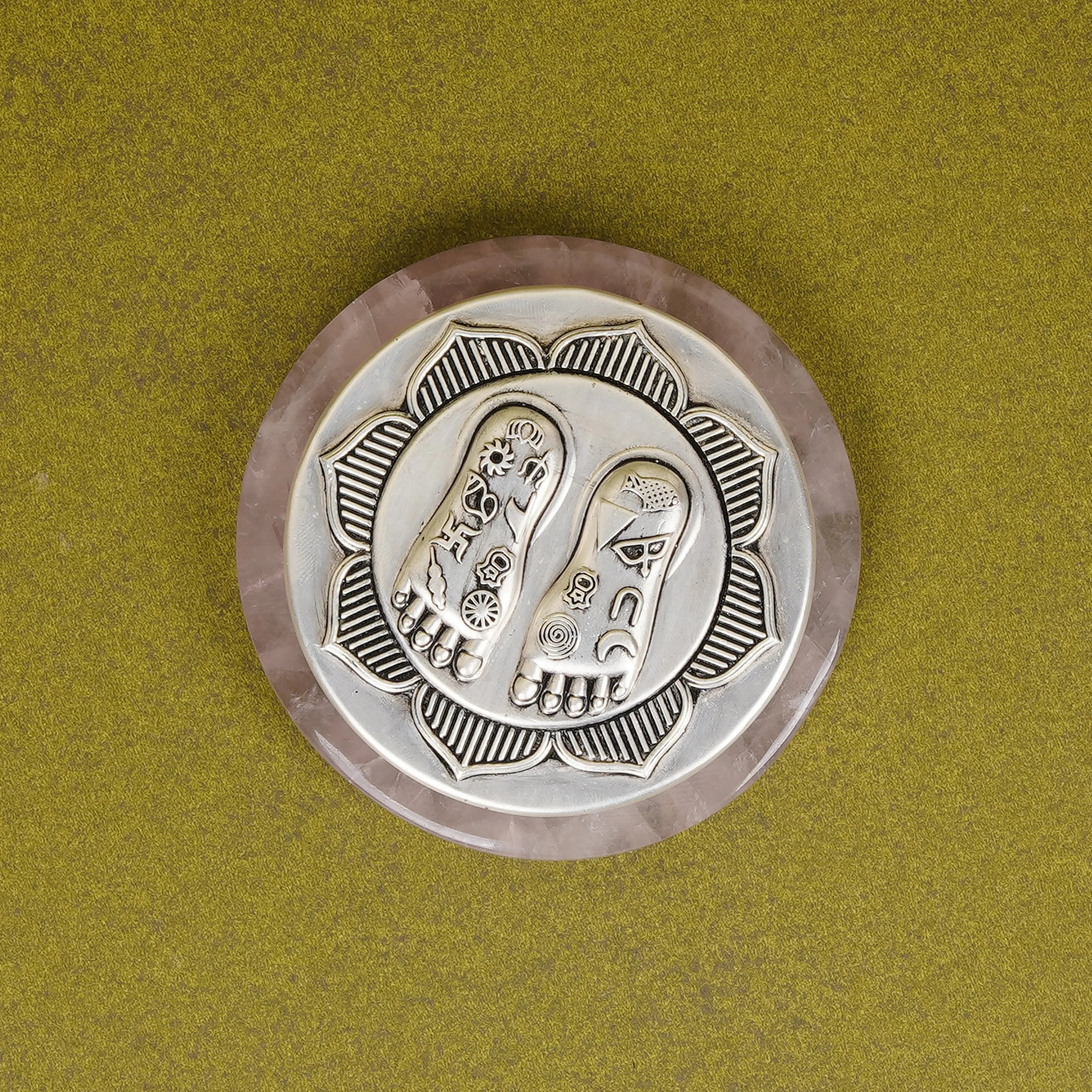 Silver Plated Brass Lakshmi Charan | Sacred Goddess Feet Plaque On Rose Quartz