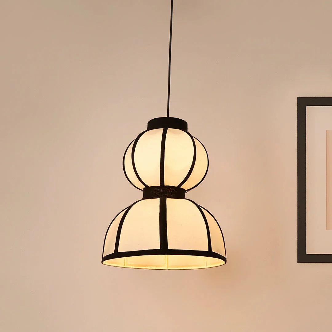 Japandi Double Bowl Fabric Pendant | Zen Asian Style White Lantern with Black Structural Ribbing | Double Bowl White Fabric Pendant Lamp