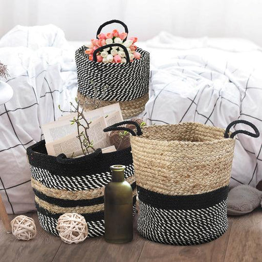 Buy Basket - Black and Natural Jute & Cotton Basket Set of 3 For Living Room & Home by Sashaa World on IKIRU online store