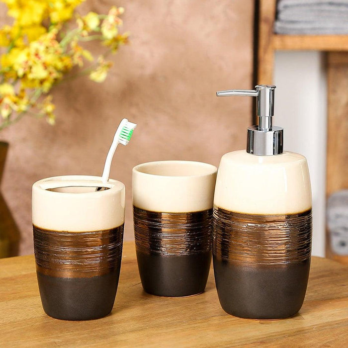 Buy Bathroom Accessories - Ceramic Bath Room Accessories Set of 3 White Brown Color Design by Home4U on IKIRU online store