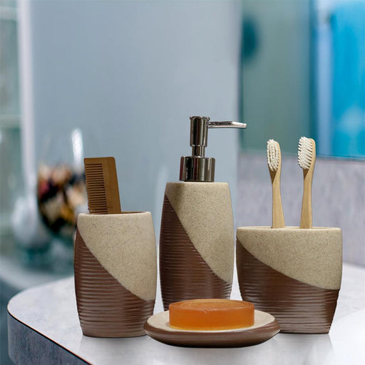 Buy Bathroom Accessories - Complete Bathroom Set of 4 | Bathroom Accessories In Brown And Cream by Shresmo on IKIRU online store