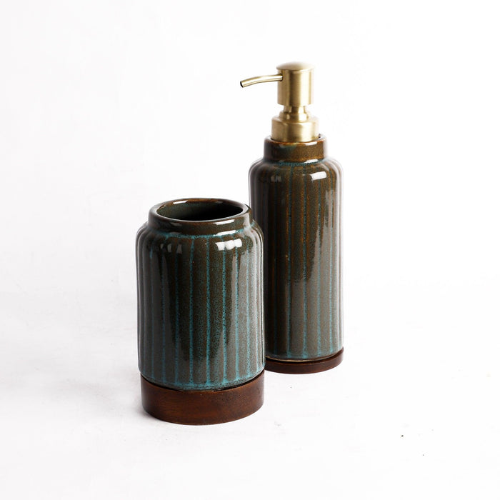 Buy Bathroom Accessories - Gulfam Ceramic And Wood Bath Accessories Set Of 3 | Toothbrush Holder & Soap Dispenser by Courtyard on IKIRU online store