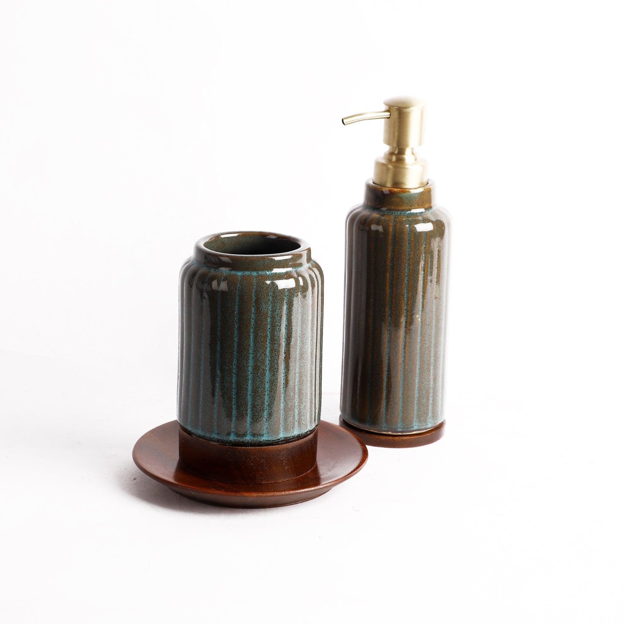 buy-bathroom-accessories-gulfam-ceramic-and-wood-bath-accessories-set-of-3-or-toothbrush-holder-and-soap-dispenser-by-courtyard-on-ikiru-online-store-5 - IKIRU