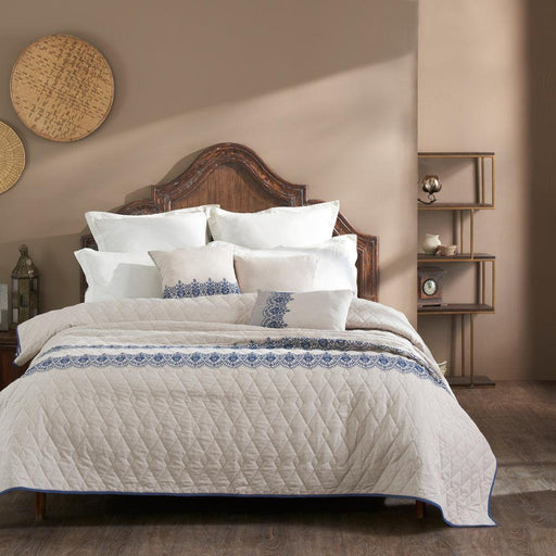 Buy Bedding sets - Embroidered Bedding Set of Quilt Pillow & Cushion Covers | Blue and White by Houmn on IKIRU online store