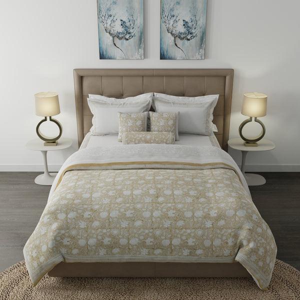 Buy Bedding sets - Floral Block Printed Cotton Bedding Set of 7 Pieces, Beige & White Color by Houmn on IKIRU online store