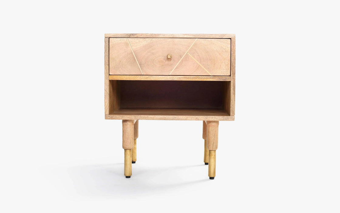 Buy Bedside Table - Natural & Brass Finish Modern Wooden Art Deco Bedside Table With Storage by Orange Tree on IKIRU online store