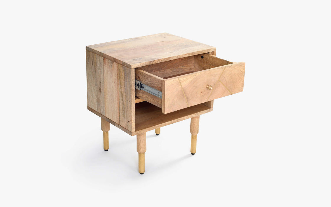 Buy Bedside Table - Natural & Brass Finish Modern Wooden Art Deco Bedside Table With Storage by Orange Tree on IKIRU online store