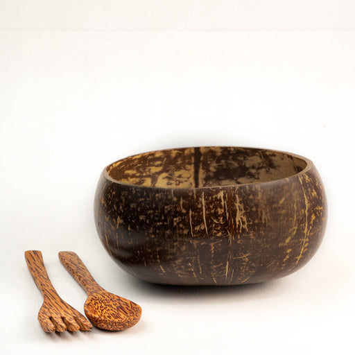 Buy Bowl - Classy Jumbo Coconut Shell Wooden Bowl With Spoon & Fork For Serving & Dining Table Decor by Thenga on IKIRU online store