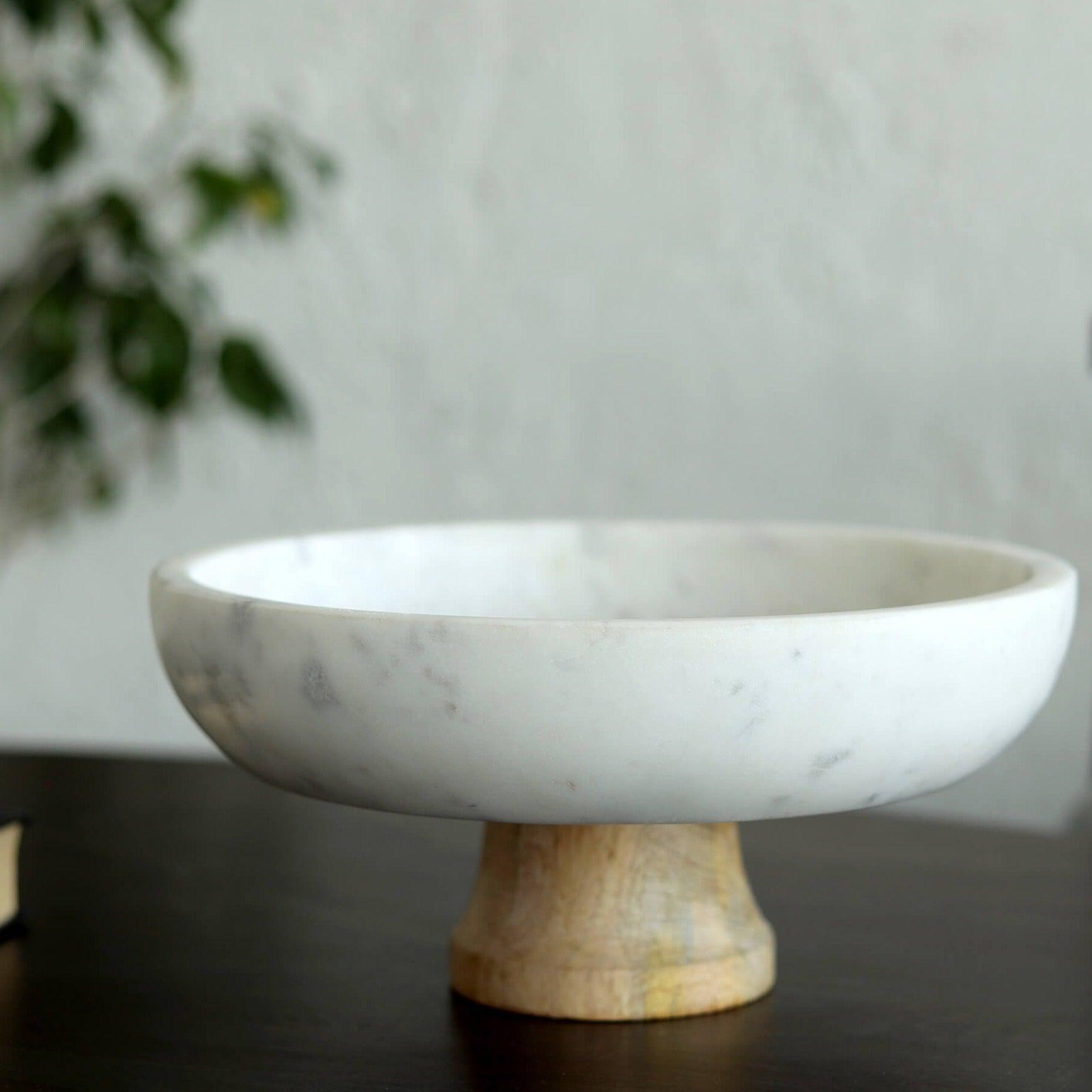 Buy Bowls & Katori - White Marble & Mango Wooden Fruit Bowl | Multipurpose Bowl For Serveware by Orange Tree on IKIRU online store
