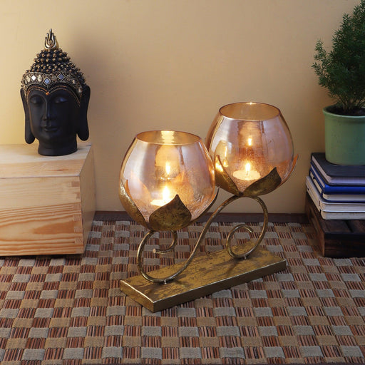 Buy Candle Stand - Decorative Double Lotus Glass Tealight Holder | Centerpiece For Decor by Amaya Decors on IKIRU online store